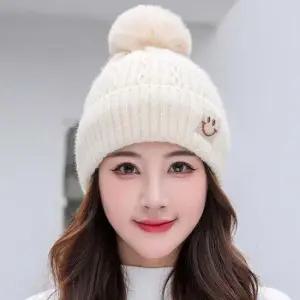 예쁜 스마일 마크 털 방울 포인트 여성 니트 모자
