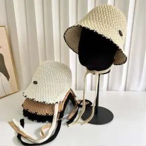 여성 스트링 배색 밀짚 모자 자외선차단 휴가 여름 벙