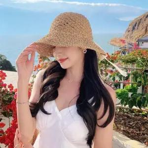 라피아 챙넓은모자 레이스리본