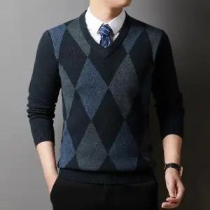 엘럽 남성용 브이넥 니트 가을 겨울 도톰 스웨터 긴팔 체크 캐주얼 기모 풀오버 힛템