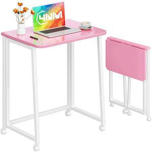4NM 23.6인치 모바일 소형 접이식 책상, 접이식 롤링 컴퓨터 홈 오피스 책상, 작은 공간 절약 침실용 공부용 필기 테이블, 바퀴 포함 - 분홍색 및 흰색