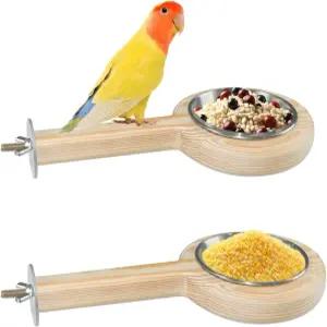 2개의 새 사료 그릇 앵무새 받침대 천연 나무 스탠드 스틱 스테인리스 스틸 먹이 컵 새장 물컵 버지 코누어