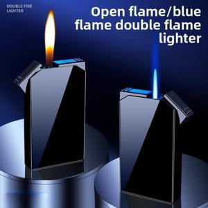 라온식 창의적인 듀얼 파이어 가스 라이터 오픈 플레임 직접 분사 2단계 화염 전환 금속 패션 선물