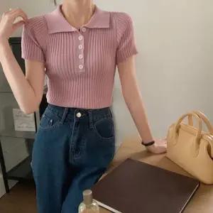 여성 핑크 카라 반팔 니트 골지 슬림핏