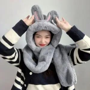 큐트 레빗 일체형 후드 머플러 장갑 목도리 그레이 후디