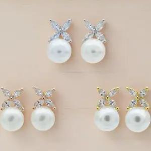 [하프클럽/]여성용 사계절 데일리 진주 큐빅 꽃 귀걸이