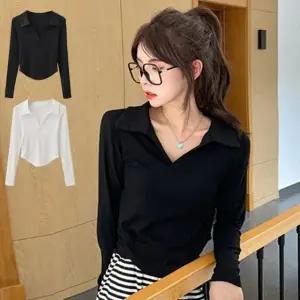 여성 기본 깔끔한 데일리 여성티셔츠 카라 브이넥 긴