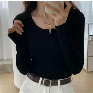 여성 바디라인 강조 앞단추 티셔츠 잔골지 라운드넥 스타일링티셔츠