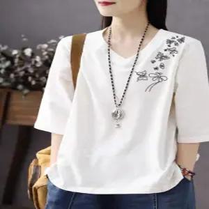 여성 빅사이즈 7부소매 브이넥 오버핏 캐주얼룩 티셔츠 반팔