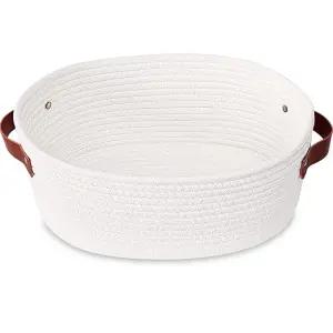 아벤클 작은 직조 바구니 귀여운 로프 룸 선반 보관 고양이 개 장난감 상자 가죽 손잡이가 달린 빈 장식용