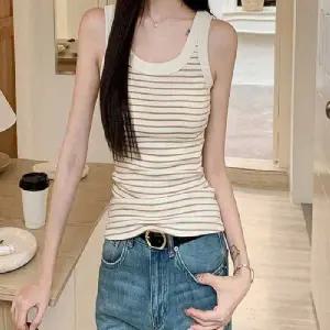 여성나시티셔츠 여름 휴가 코디 준비 민소매 배색 스트라이프 나시티