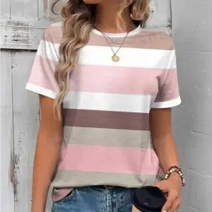 여성반팔티 해외 여행 여름 반팔 티셔츠 스트라이프 배색 라운드