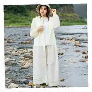 여성 롱 우비 후드 아이보리 원피스형 레인코트 야외활동 캠핑 등산용
