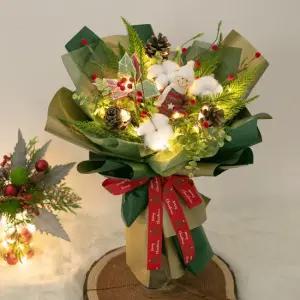 목화 조화 꽃다발 LED 포인 니트인형 45cm 인테리어 꽃선물 장식 기념일 졸업식 조명 발표회 학예회