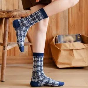 플라워 여성 중목양말 블루체크 레깅스 캐주얼 삭스 패턴