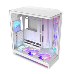 NZXT H9 Flow RGB+ (2025) u2013 대형 듀얼 챔버 ATX 미드 타워 공기 흐름 PC 케이스 u2013에는 7개의 RGB 팬(6 x 140mm, 1 x 120mm)과 제어 허브 u2013 420mm 라디에이터 지원 u2013 백커넥트 준비 u2013 화이트
