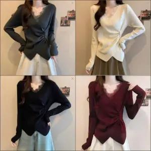 티류으스 여성 가을 겨울 빅사이즈 레이스 브이넥 긴팔 니트 슬림핏 크로스 디자인 오피스룩 데일리웨어 WY