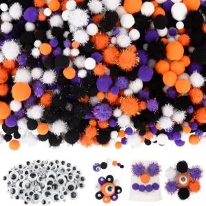 큐메난 1000개 4사이즈 할로윈 폼폼 공예품 다양한 글리터 폼폼과 DIY 취미 용품 파티 장식 (블랙 오렌지