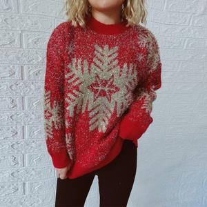 여성용 눈송이 골드 스레드 엘크 크리스마스 스웨터 빨간색 니트 O넥 풀오버 새해 옷 2024 가을 겨울 신상