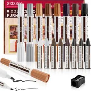 SEISSO 듀얼 팁 가구 수리 키트 우드 마커 17개의 페인트 펜 및 왁스 스틱 샤펜 얼룩 긁힘 나무 바닥