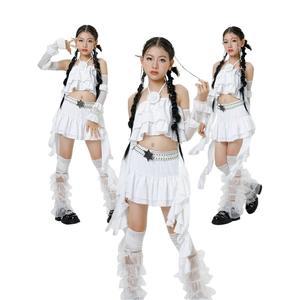 주니어 댄스공연복 화이트 걸그룹댄스 방송 프릴 팔토시 홀터넥 치마 무대의상 오디션
