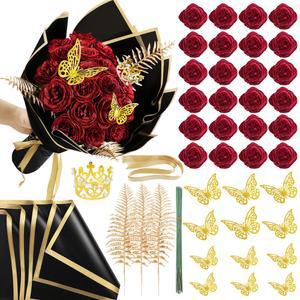 졸업꽃다발 DIY 반짝이 장미 꽃다발 빛나는 꽃 줄기 영원한 웨딩 부케 기념일 생일 파티 장식 24