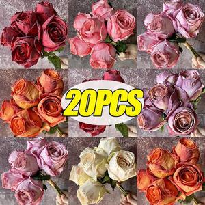 졸업꽃다발 인공 장미 꽃 실크 가지 번트 에지 봉오리 현실적인 꽃다발 웨딩 홈 장식 용품 1 20