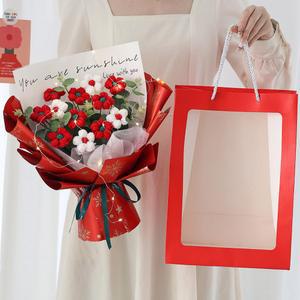 졸업꽃다발 크로셰 꽃 부케 완성 졸업 선물 가방 포함 LED 램프 스트링 축제 장식 수제 1PC