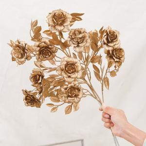 졸업꽃다발 인공 꽃 황금 유칼립투스 긴 가지 장미 꽃다발 골드 잔디 크리스마스 홈 룸 DIY 장식 식물