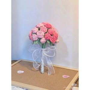 졸업꽃다발 수제 미니 장미 크로셰 꽃 인공 부케 웨딩 홈 데스크탑 장식 크리스마스 생일 선물