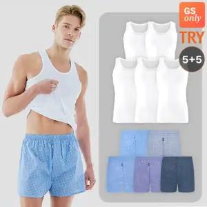 [GS단독](10종SET) TRY 남성 런닝 팬티 세트 순면100% 트렁크 팬티 5종 + 이너 티셔츠 5매