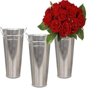 Huetrsa 3팩 15인치 아연 도금 금속 꽃통과 손잡이가 있는 소박한 스타일의 양철 꽃꽂이 농가 주택 및 웨딩