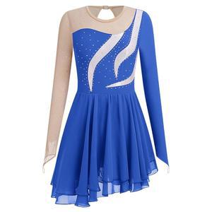 여성용 스 스케이팅 드레스 긴 소매 피겨 의상 리듬 체조 레오타드 반짝이는 쉬폰 스커트