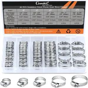 40PCS 호스 클램프 캠텍 스테인리스 스틸 6-29mm 범위의 조정 가능한 웜 기어 덕트 파이프 연료 라인 정렬