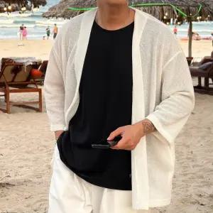 남자 여름 휴양지룩 팔부 노버튼 시스루 린넨 가디건