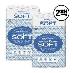 퓨어앤소프트 천연펄프 3겹 화장지 18m 30롤X2팩 무형광