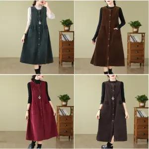 여성 추천 겨울 롱 원피스 추동 솔리드 캐주얼 코듀로이 조끼 스커트 빈티지 포켓 힛템