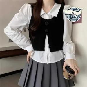 [하프클럽/]여성용 퍼프소매 니트 베스트 흰셔츠 투피스