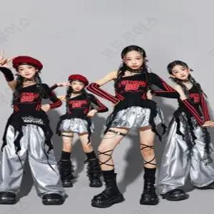 코드루이스 블랙 실버 치마바지 여아 방송댄스복 학예회 힙합 댄스학원 넘버티 원숄더