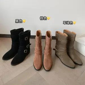 여성용 앵클숏부츠 소가죽 버전 빈티지 메일라드 웨스턴 데님 부츠 버클 스웨이드 앵클 통굽 슬림 미들 CH5