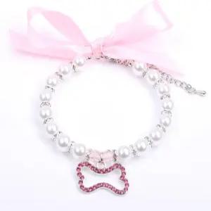 라인스톤 본 참 펜던트가 달린 XKSRWE 개 고양이 진주 목걸이 (핑크 스몰)