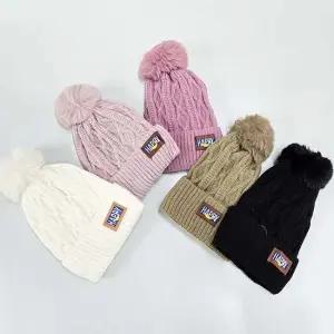 케이블무늬 털모자 HAPPY 5컬러 여성 니트 방울모자