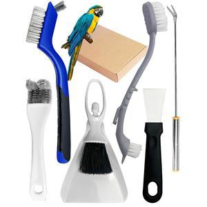 업그레이드 6PCS 케이지 세트, 2-in-1 스테인리스 애완동물 케이지 브러시, 새 배설물 제거기, 듀얼 브러시, 긴 손잡이 스크레이퍼, 소형 동물 집 청소 액세서리, 미니 더스트팬 및 빗자루 세트 6PCS-1