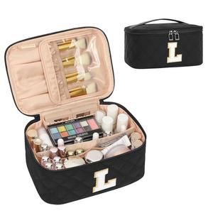 OCHEAL 여성용 맞춤형 메이크업 가방, 모노그램 여행용 화장품 브러시 홀더 및 칸막이 포함, 블랙 오거나이저 파우치 선물, 신부 들러리, 자매, 아내, 친구 이니셜