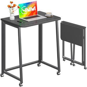 4NM 23.6인치 모바일 소형 접이식 책상, 접이식 롤링 컴퓨터 홈 오피스 책상, 작은 공간 절약 침실용 공부용 필기 테이블, 바퀴 포함 - 올 블랙
