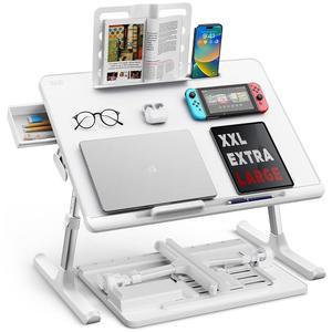 노트북 침대 트레이 테이블, 노트북용 SAIJI 조절식 침대 책상, 식사, 작업, 글쓰기, 게임, 그림 그리기를 위한 수납 서랍이 있는 접이식 노트북 스탠드(흰색, X-대형)