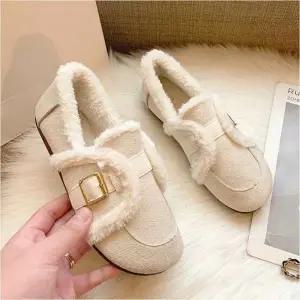 2컬러 인조양털 겨울 여자 따뜻한 스웨이드 슬립온 로퍼