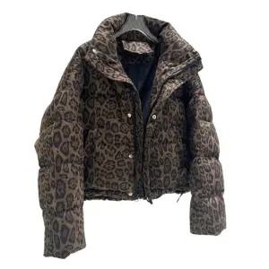 호피무늬 레오파드패딩 여성하프 표범 숏 빅사이즈 브라운 레오파드 프린트 S