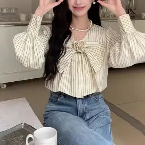 여성 스트라이프 블라우스 리본 셔링 블라우스