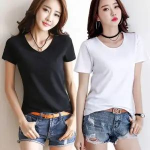 여성 심플 무지 베이직 라운드넥 브이넥 반팔 티셔츠